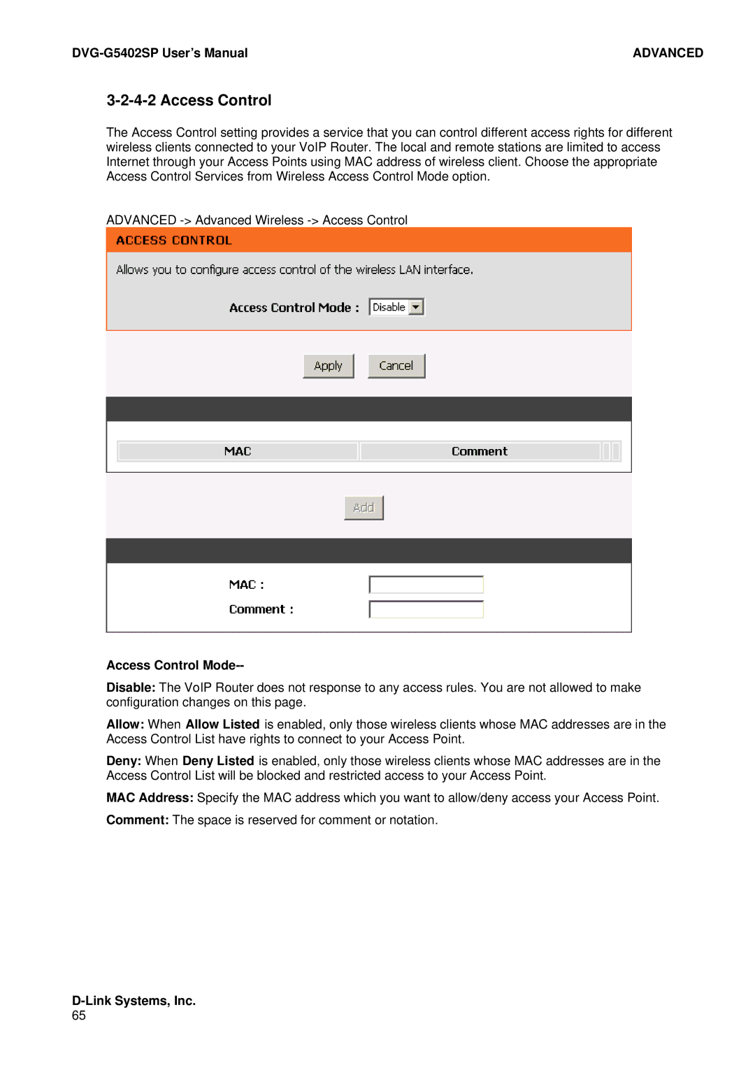 D-Link DVG-G5402SP user manual Access Control Mode 