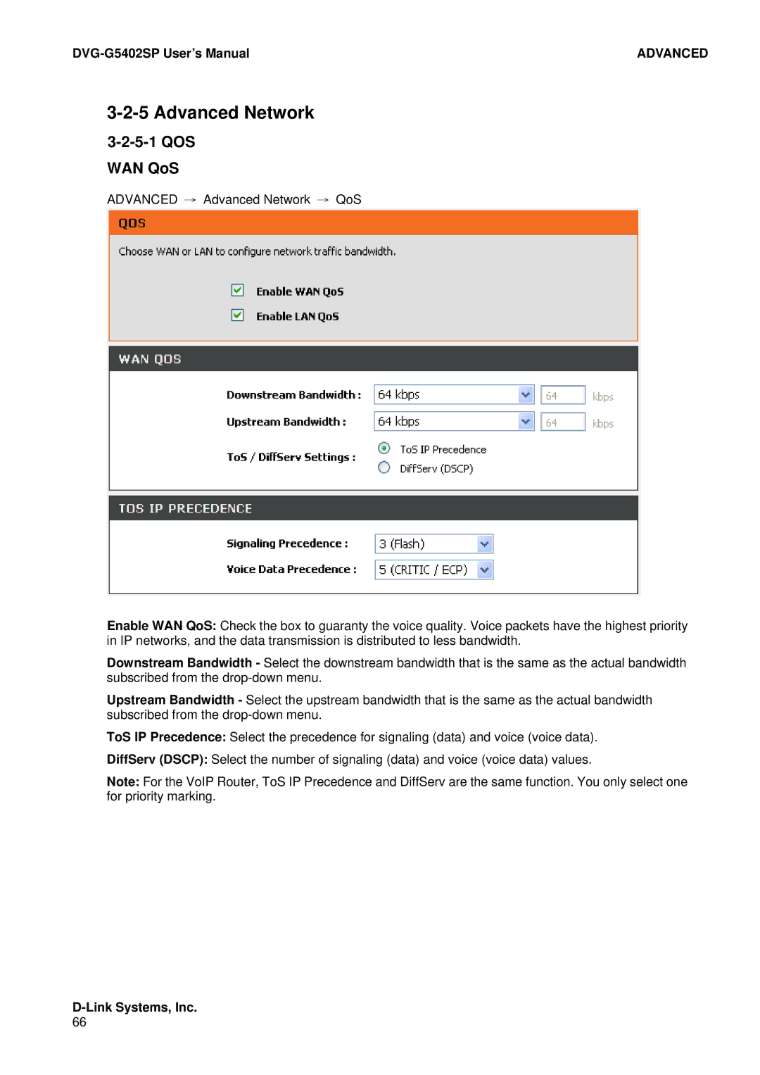 D-Link DVG-G5402SP user manual Advanced Network, QOS WAN QoS 