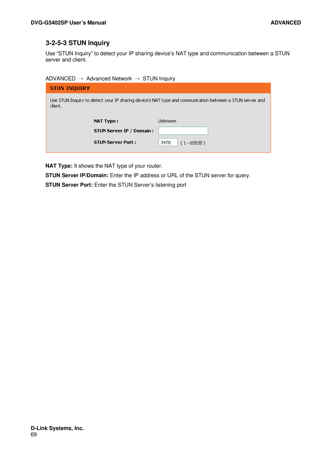 D-Link DVG-G5402SP user manual Stun Inquiry 