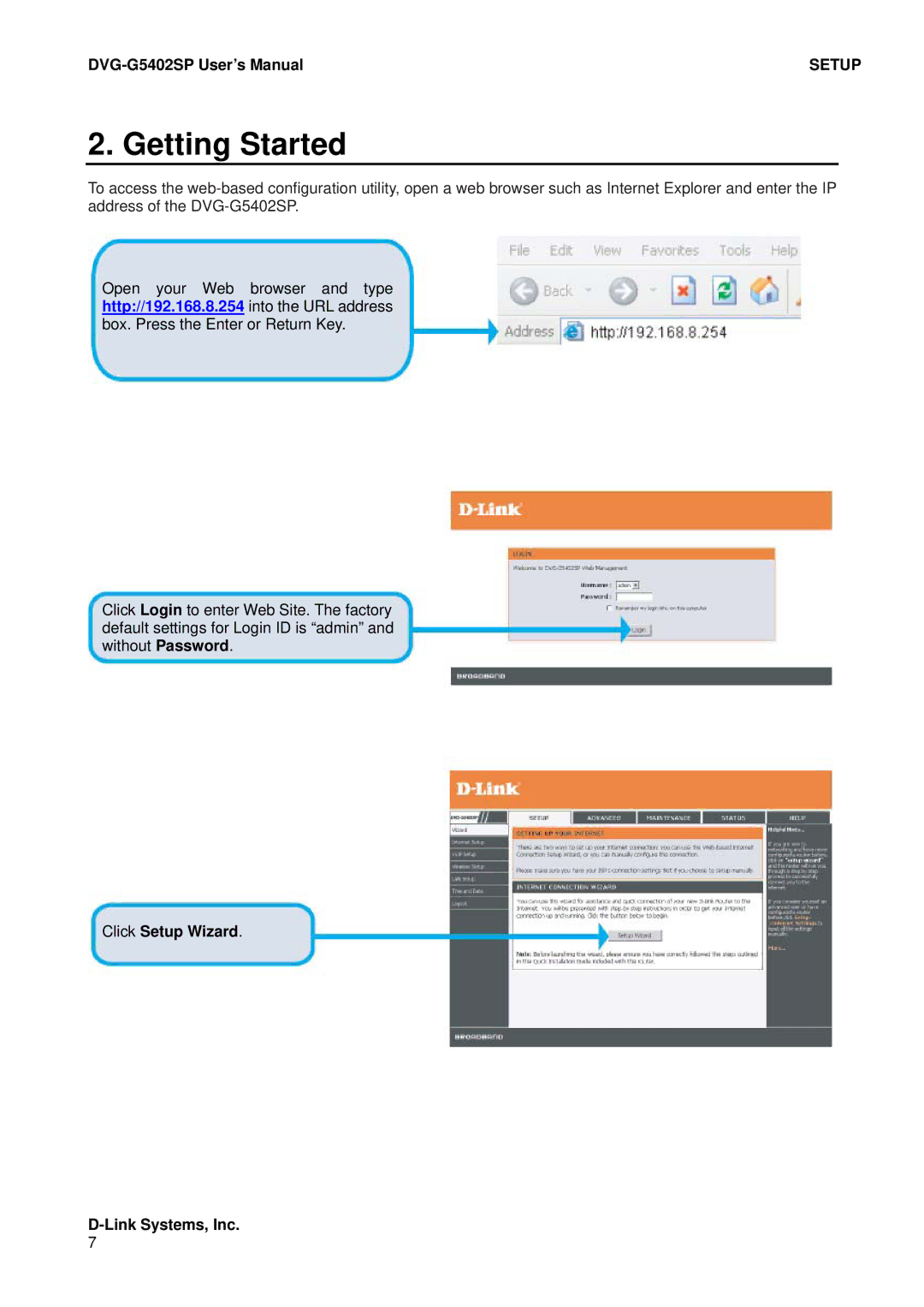 D-Link user manual DVG-G5402SP User’s Manual, Click Setup Wizard Link Systems, Inc 