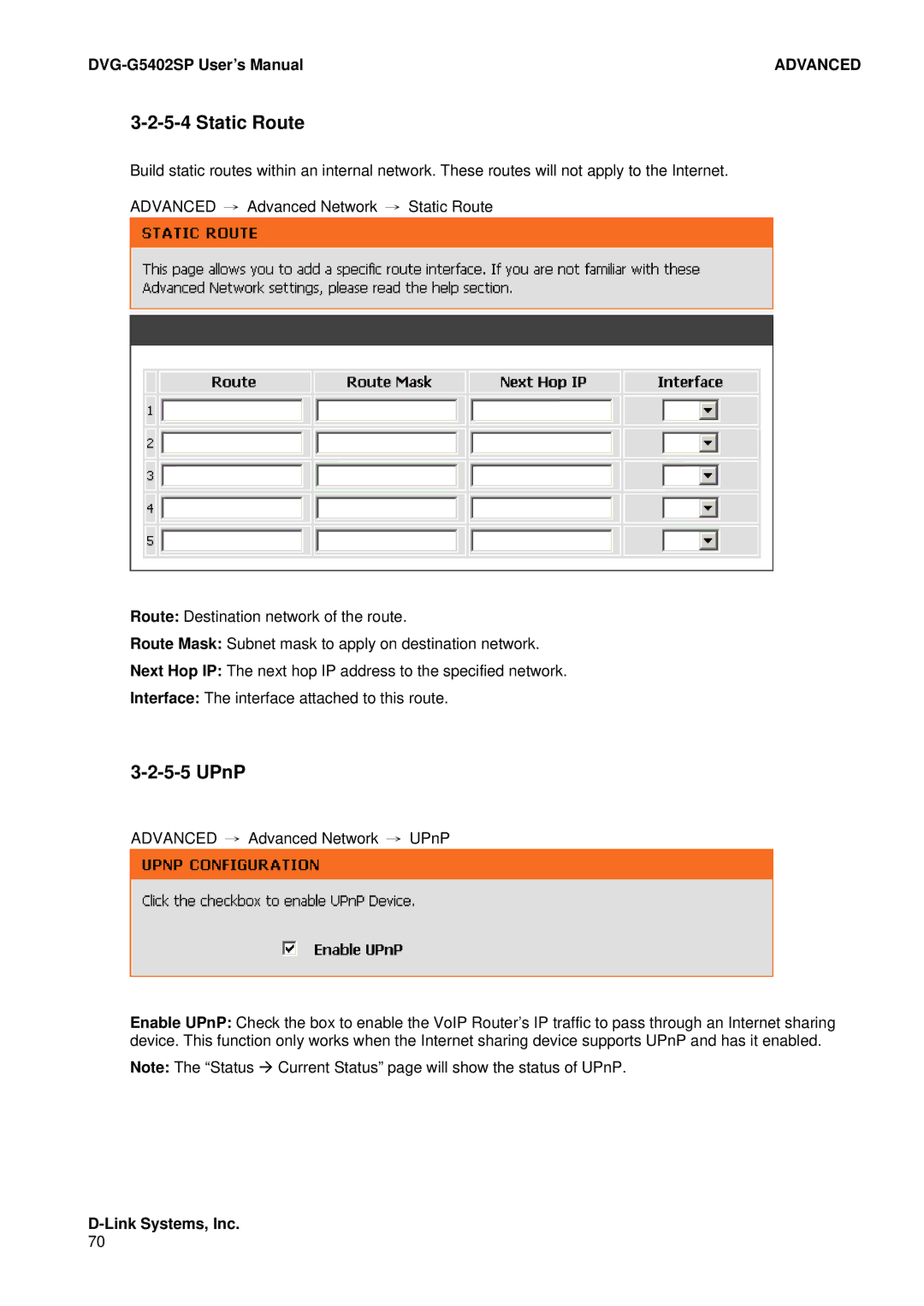 D-Link DVG-G5402SP user manual Static Route, UPnP 