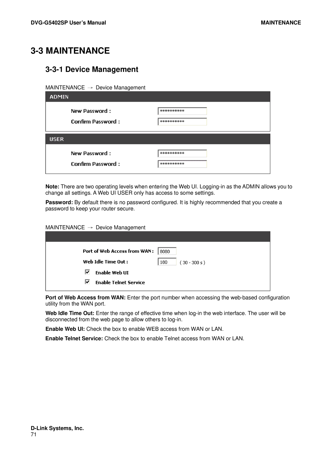 D-Link DVG-G5402SP user manual Maintenance, Device Management 