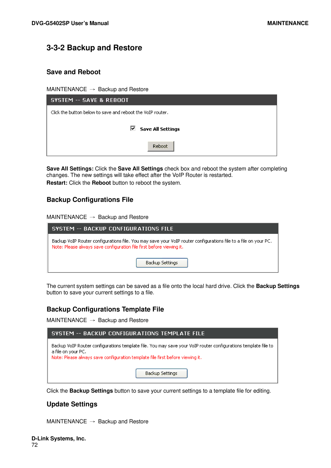 D-Link DVG-G5402SP Backup and Restore, Save and Reboot, Backup Configurations File, Backup Configurations Template File 