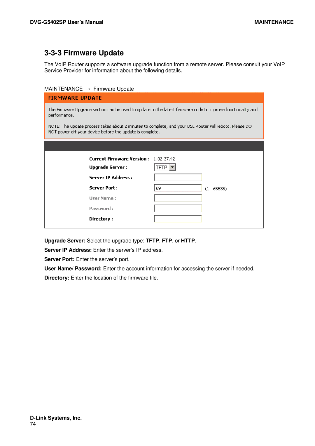 D-Link DVG-G5402SP user manual Firmware Update 