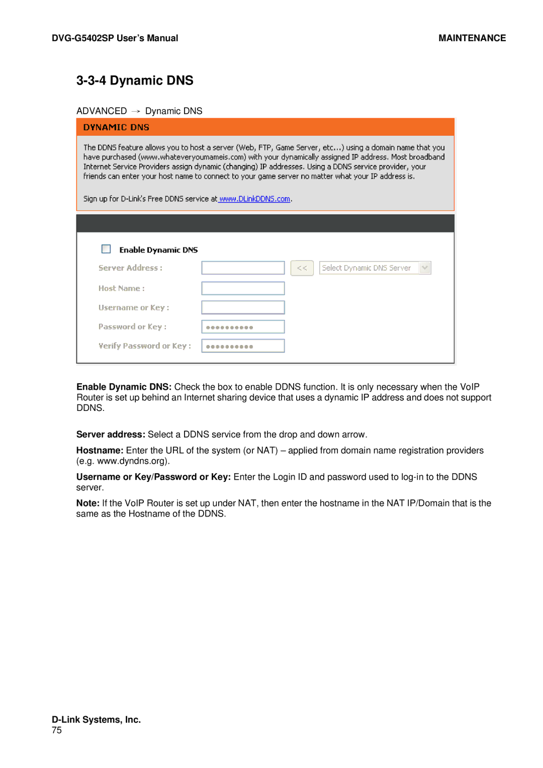 D-Link DVG-G5402SP user manual Dynamic DNS 