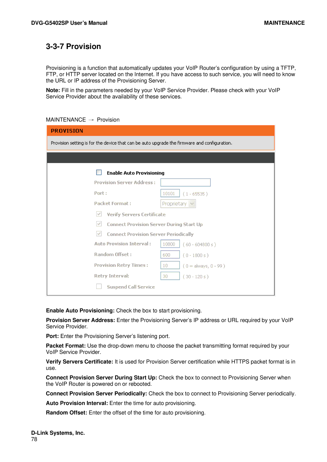 D-Link DVG-G5402SP user manual Provision 