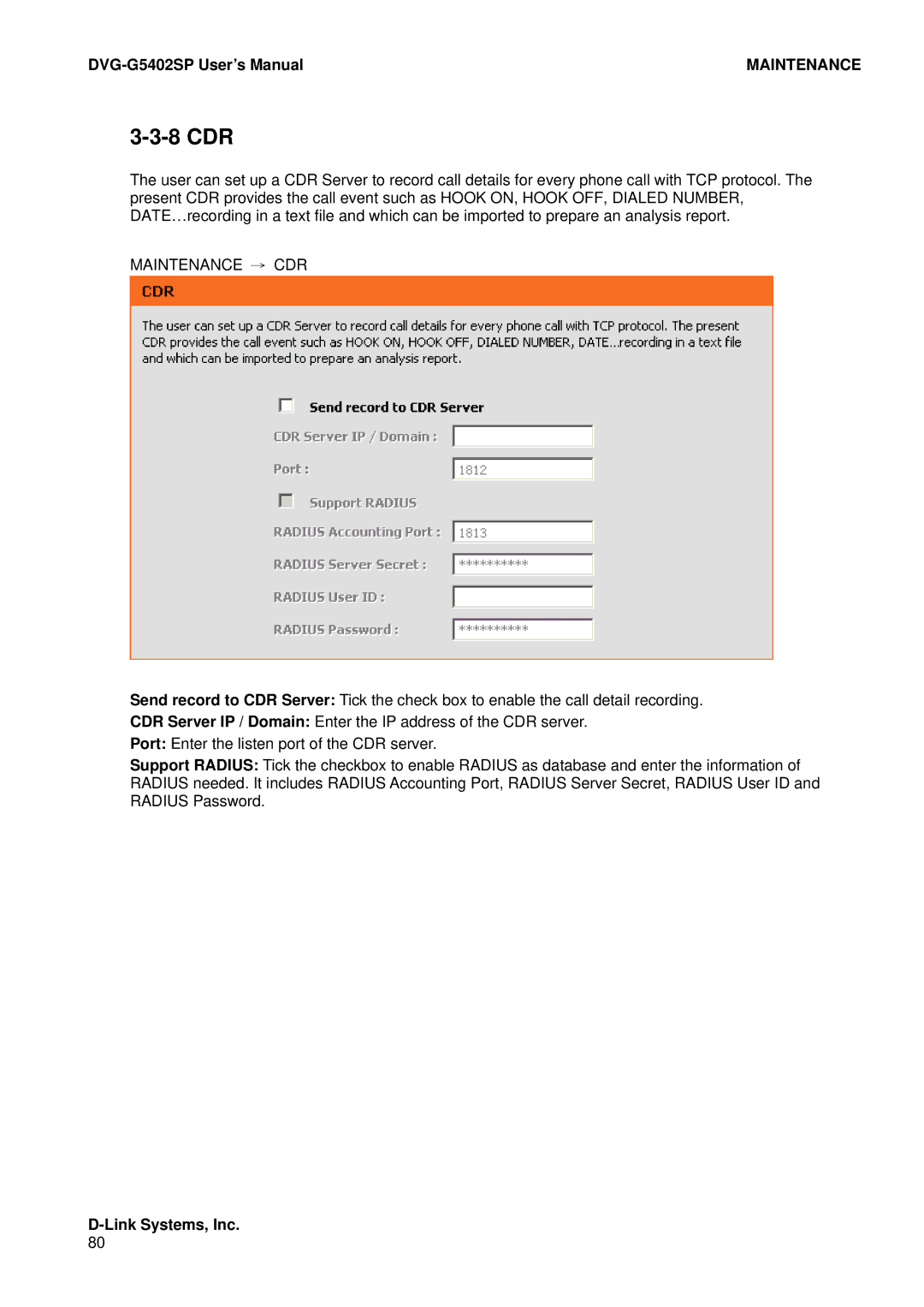 D-Link DVG-G5402SP user manual 8 CDR, Maintenance → CDR 