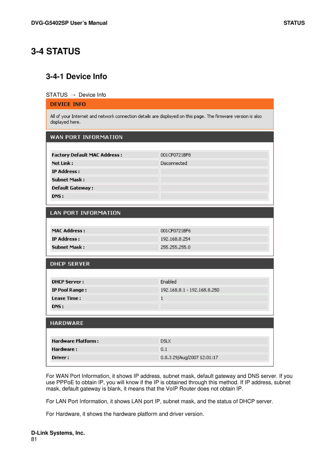 D-Link DVG-G5402SP user manual Status, Device Info 