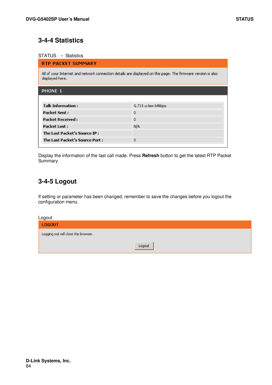 D-Link DVG-G5402SP user manual Statistics, Logout 