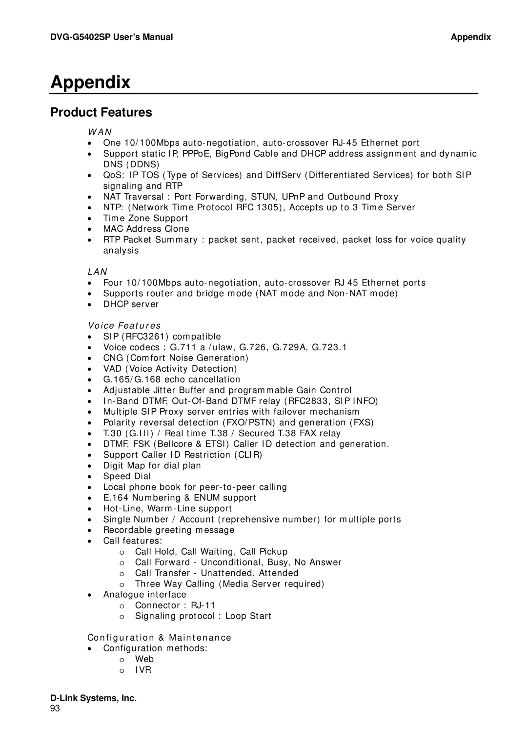 D-Link user manual Product Features, DVG-G5402SP User’s Manual Appendix 