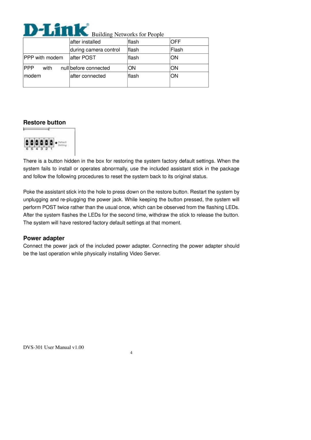 D-Link DVS-301 user manual Restore button, Power adapter 