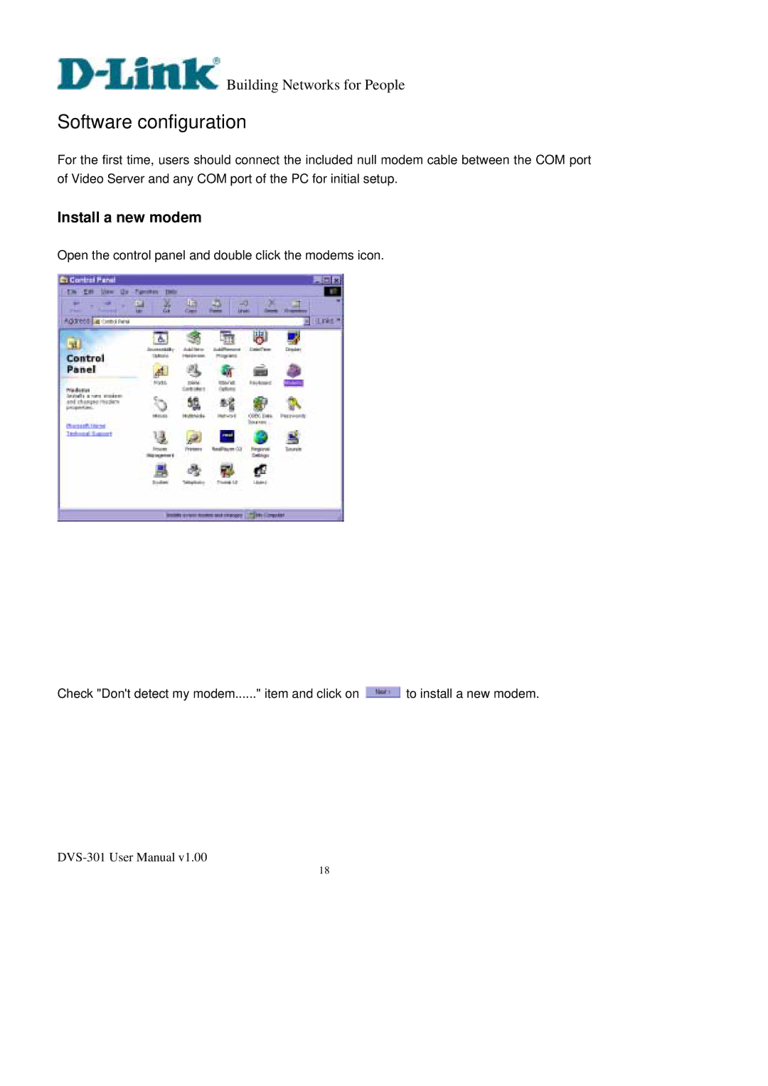 D-Link DVS-301 user manual Software configuration, Install a new modem 