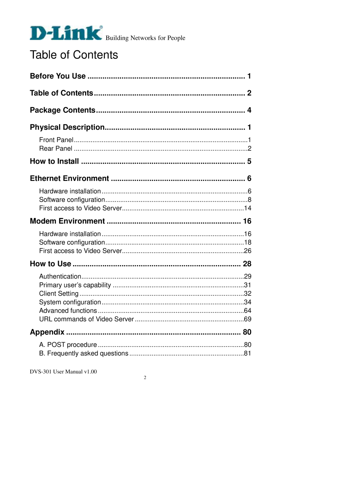 D-Link DVS-301 user manual Table of Contents 