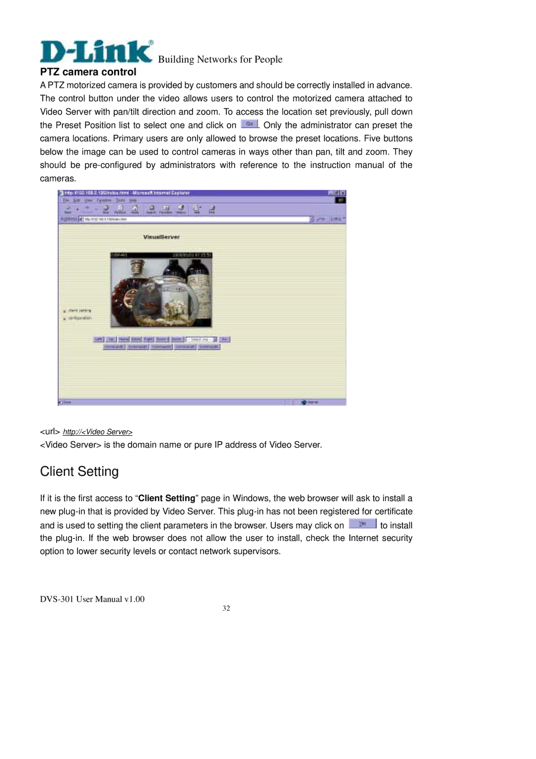 D-Link DVS-301 user manual Client Setting, PTZ camera control 