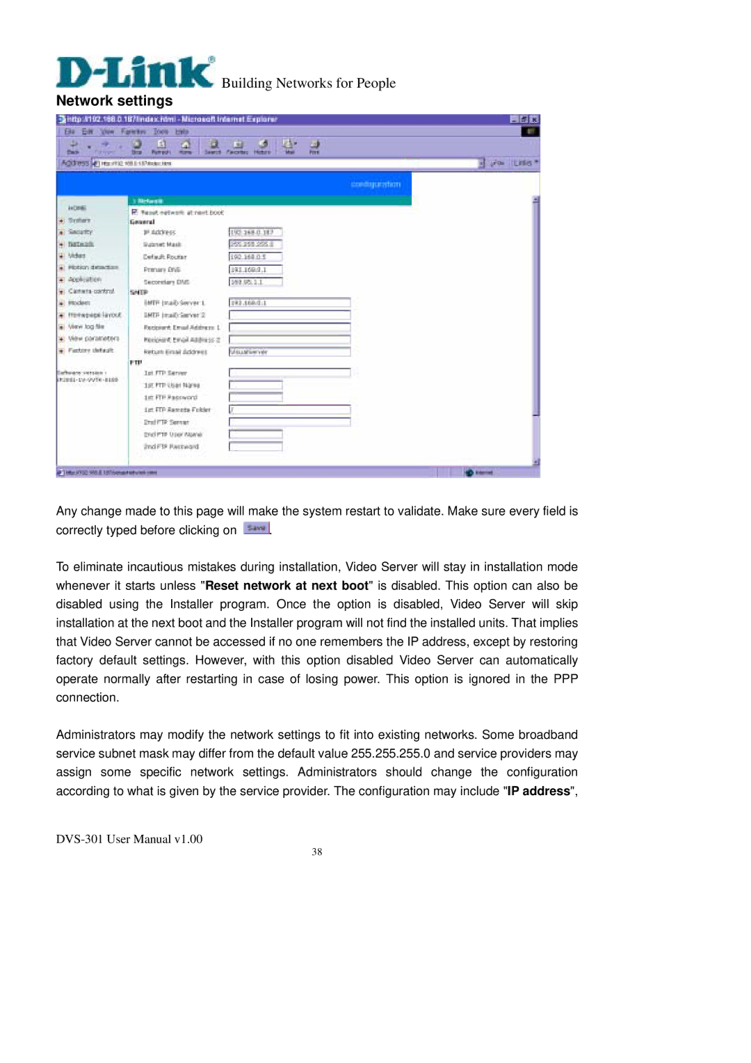 D-Link DVS-301 user manual Network settings 