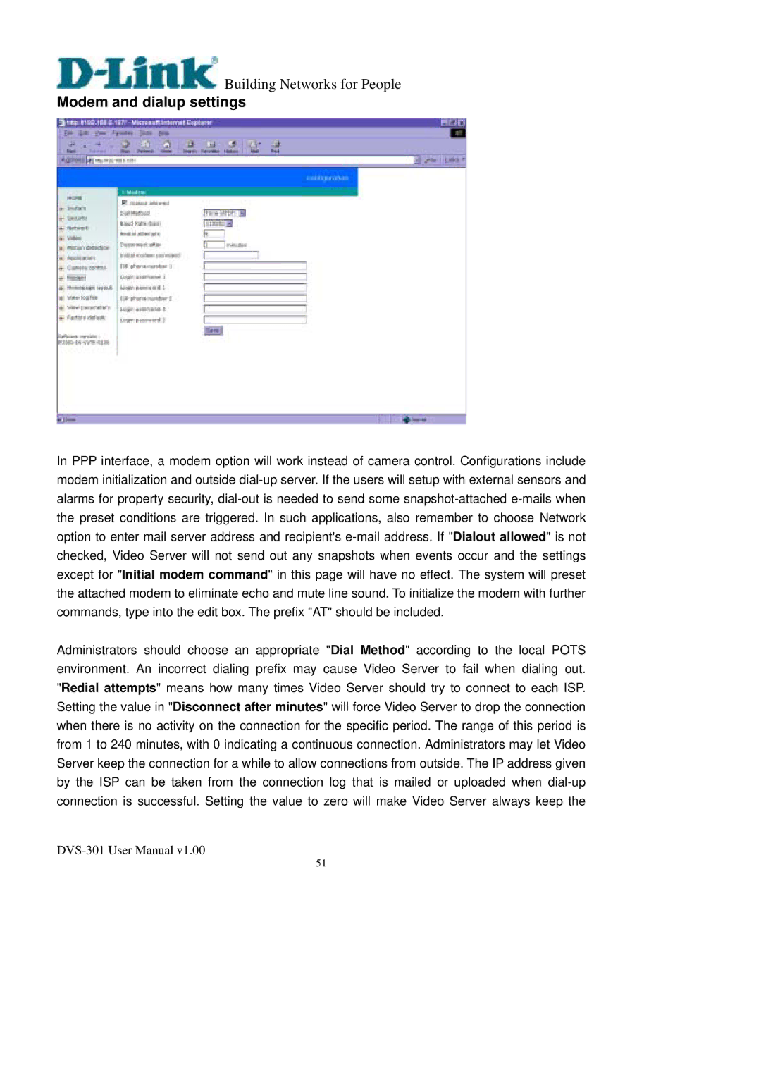 D-Link DVS-301 user manual Modem and dialup settings 