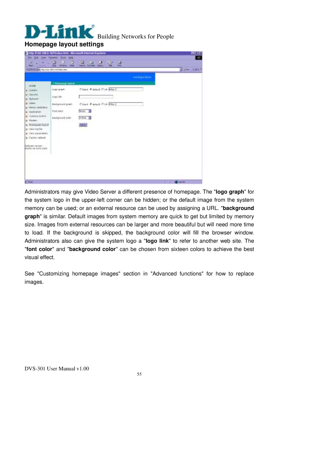 D-Link DVS-301 user manual Homepage layout settings 