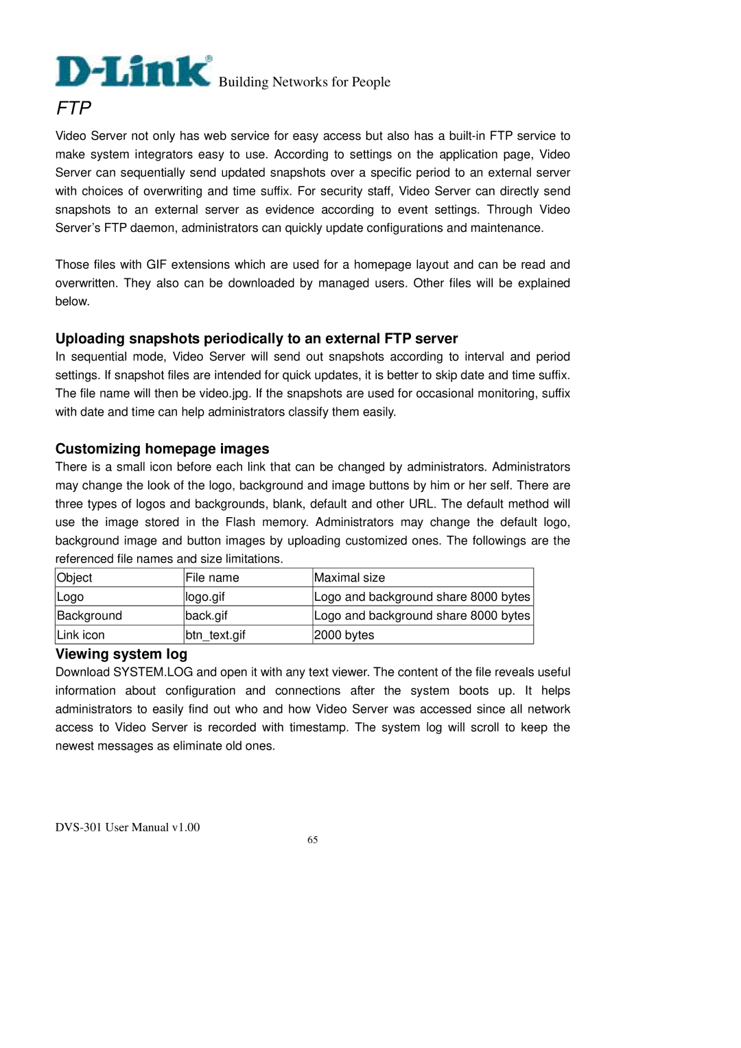 D-Link DVS-301 user manual Uploading snapshots periodically to an external FTP server, Customizing homepage images 