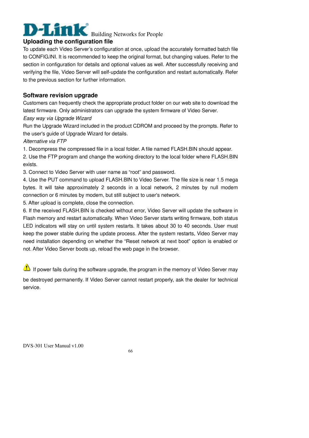 D-Link DVS-301 user manual Uploading the configuration file, Software revision upgrade 