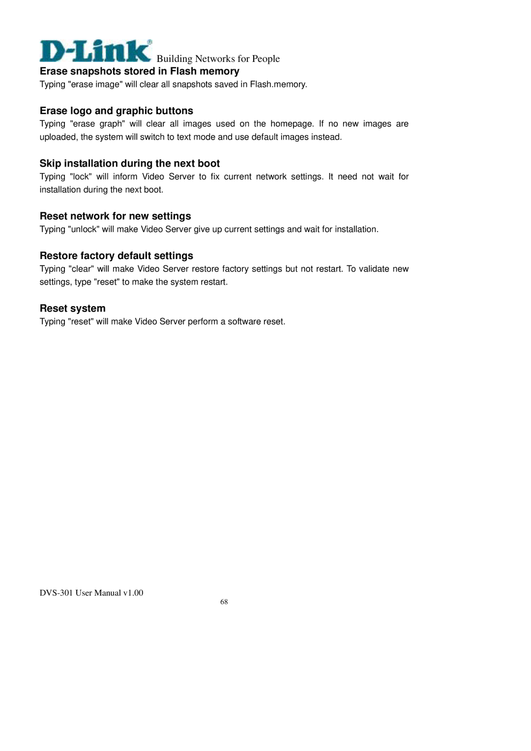 D-Link DVS-301 Erase snapshots stored in Flash memory, Erase logo and graphic buttons, Reset network for new settings 