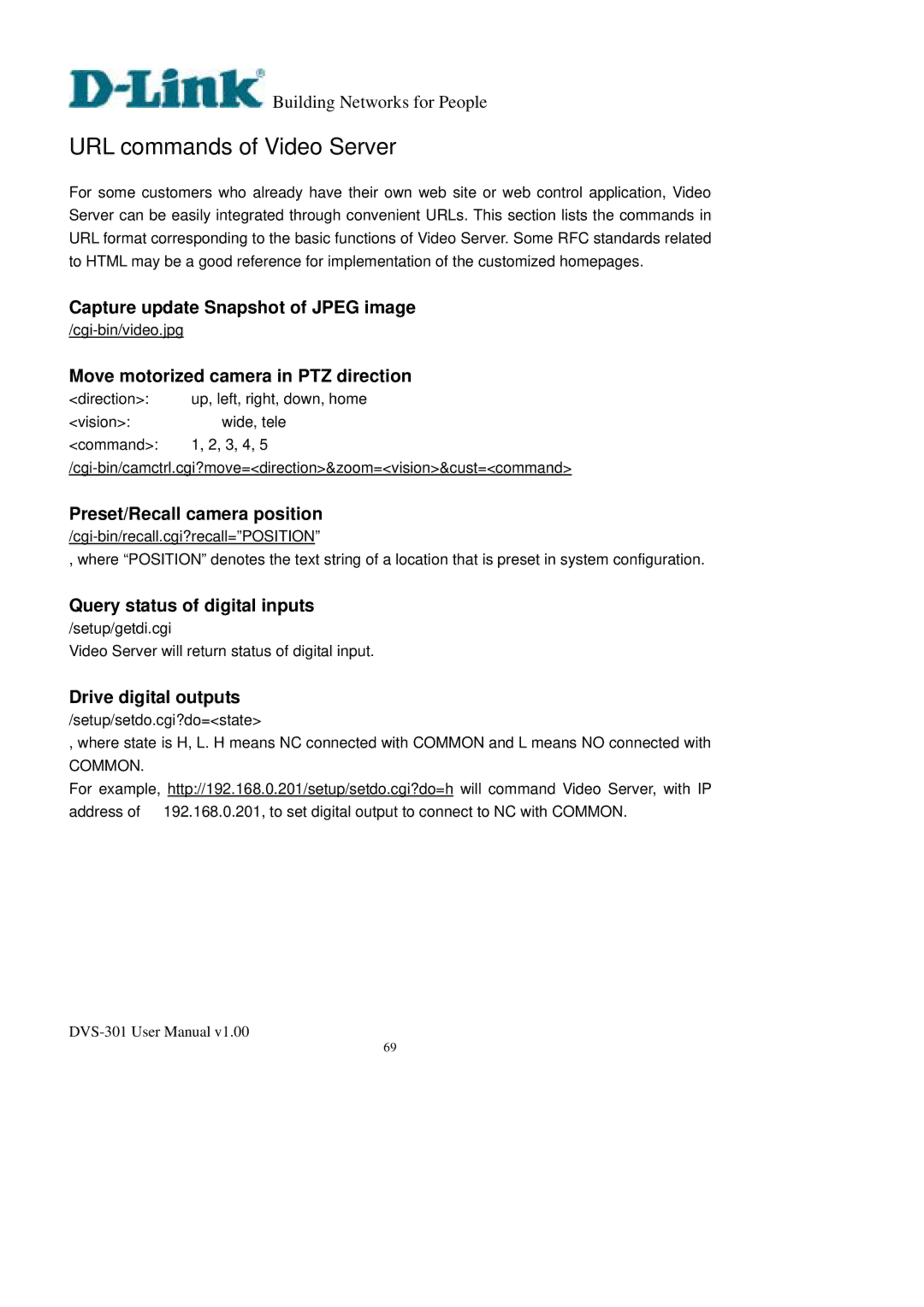 D-Link DVS-301 URL commands of Video Server, Capture update Snapshot of Jpeg image, Move motorized camera in PTZ direction 