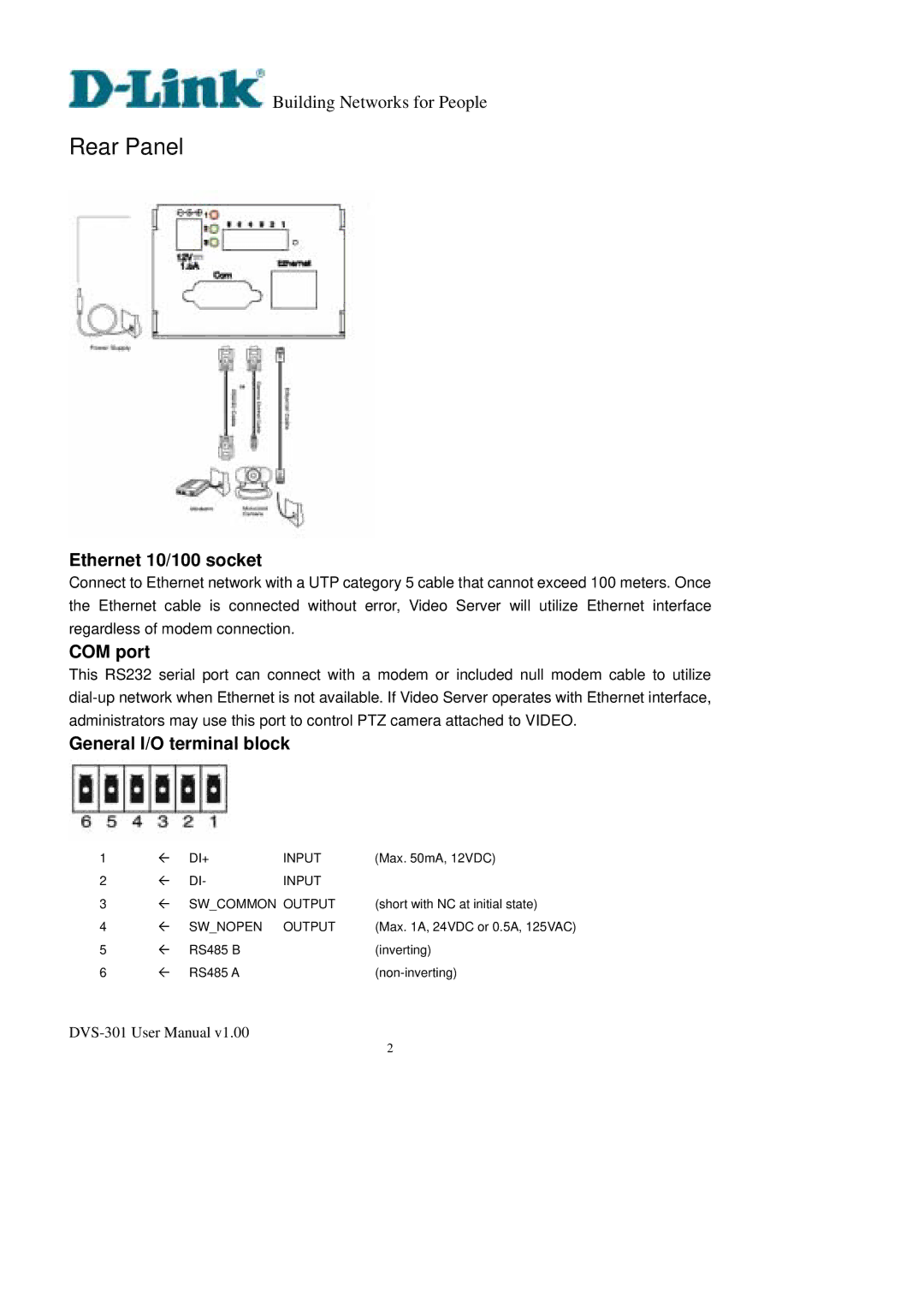 D-Link DVS-301 user manual Rear Panel, Ethernet 10/100 socket, COM port, General I/O terminal block 