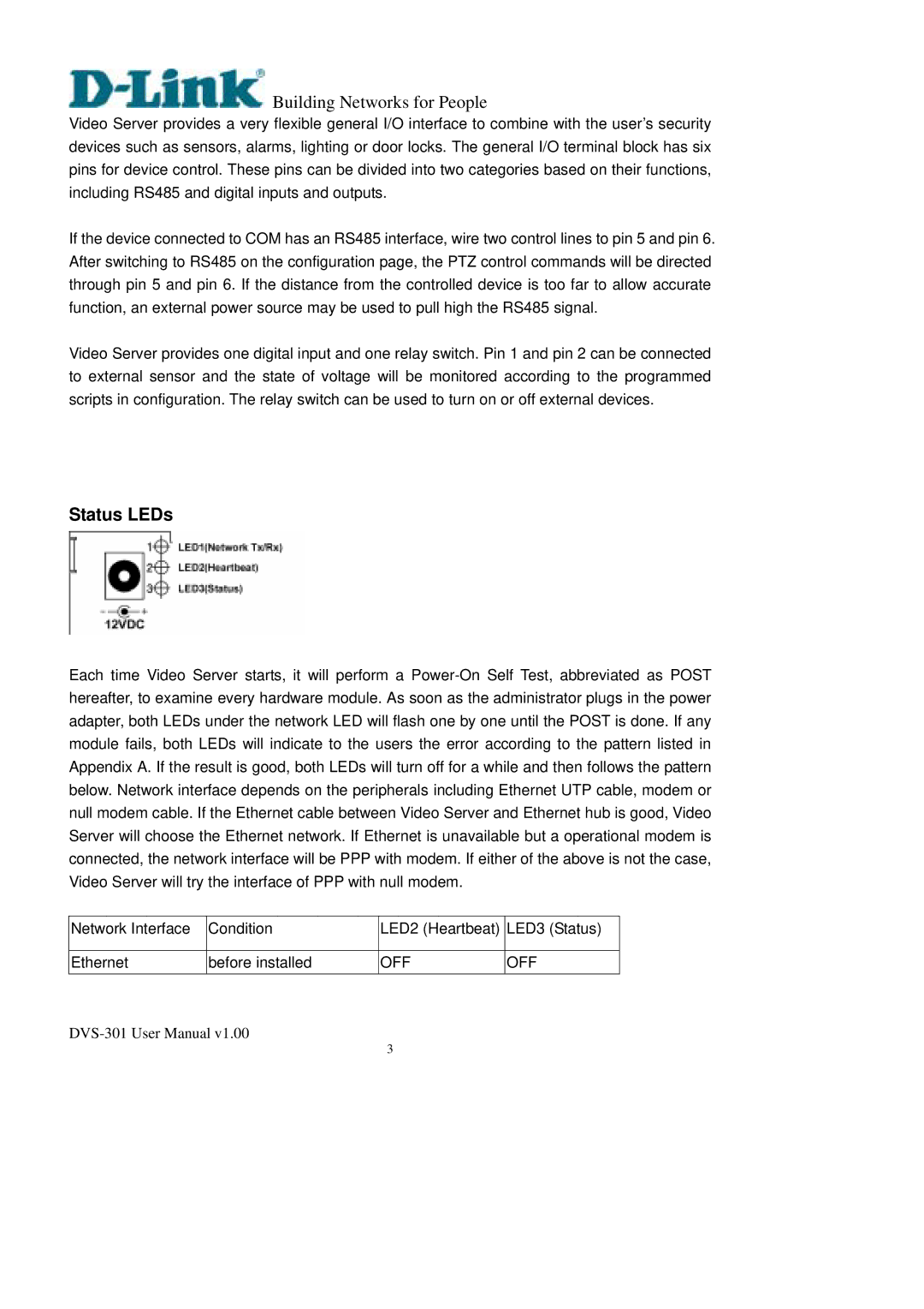 D-Link DVS-301 user manual Status LEDs 