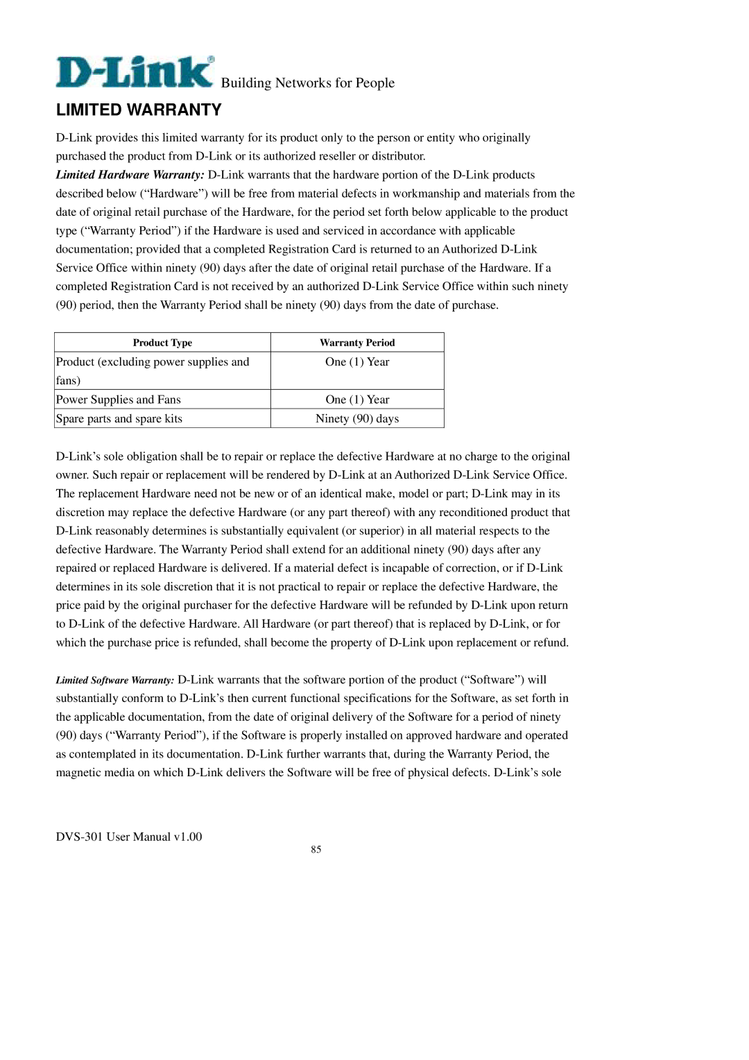 D-Link DVS-301 user manual Limited Warranty 