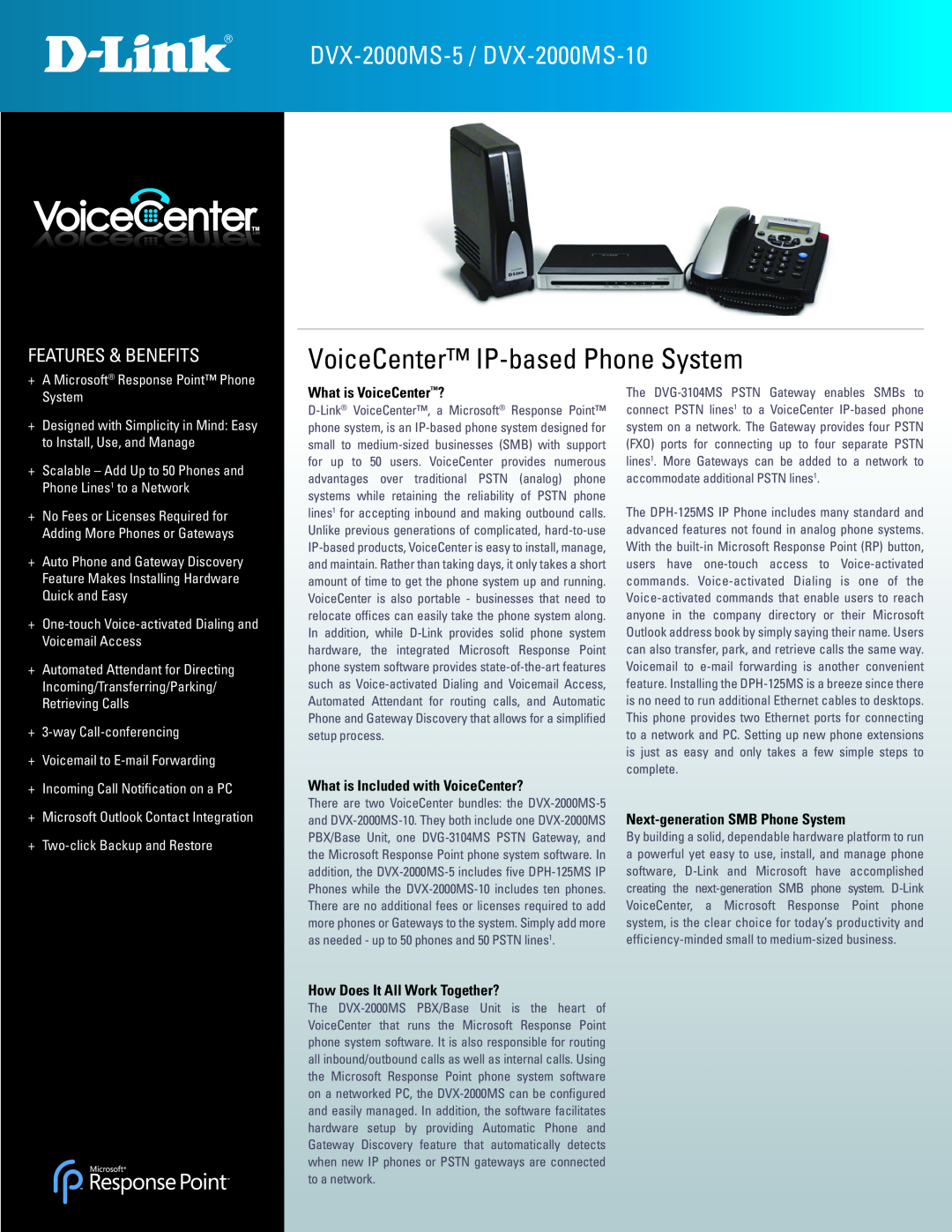 D-Link manual DVX-2000MS-5 / DVX-2000MS-10, VoiceCenter IP-based Phone System, Features & Benefits 