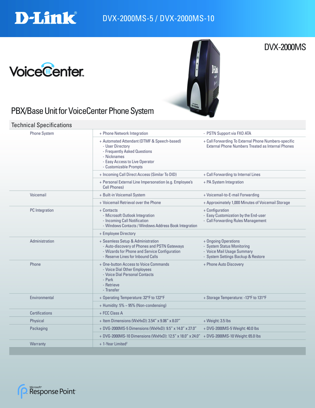 D-Link DVX-2000MS-5, DVX-2000MS-10 manual DVX-2000MS PBX/Base Unit for VoiceCenter Phone System, Technical Specifications 