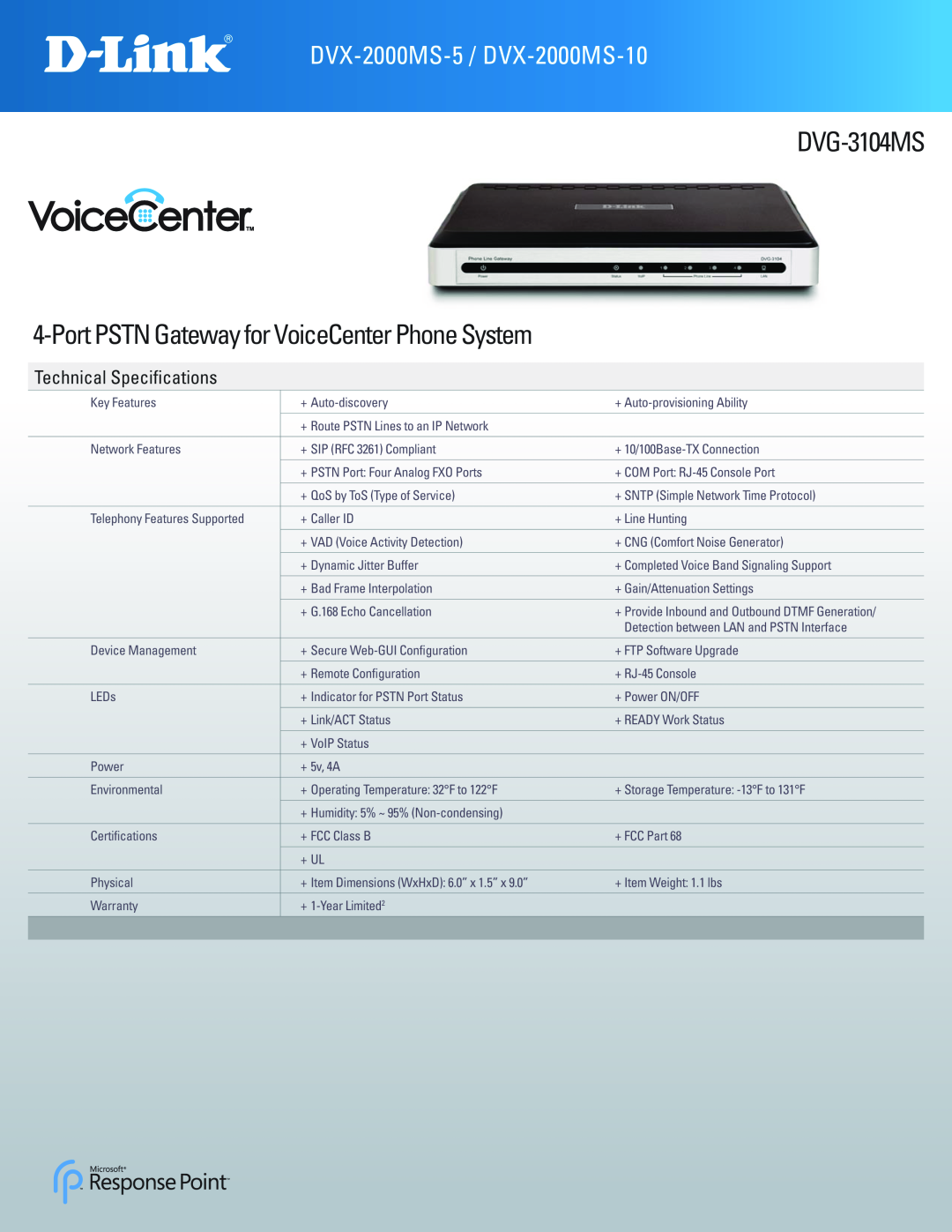 D-Link manual DVG-3104MS 4-Port PSTN Gateway for VoiceCenter Phone System, DVX-2000MS-5 / DVX-2000MS-10 