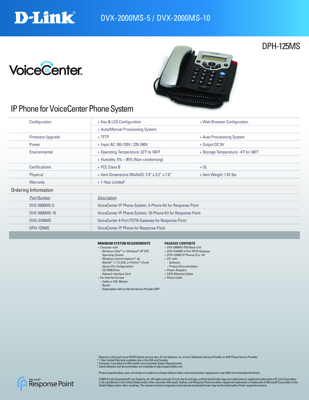 D-Link DPH-125MS IP Phone for VoiceCenter Phone System, DVX-2000MS-5 / DVX-2000MS-10, Ordering Information, Part Number 