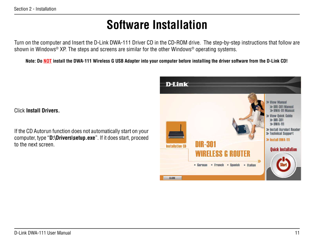 D-Link DWA-111 manual Software Installation, Click Install Drivers 