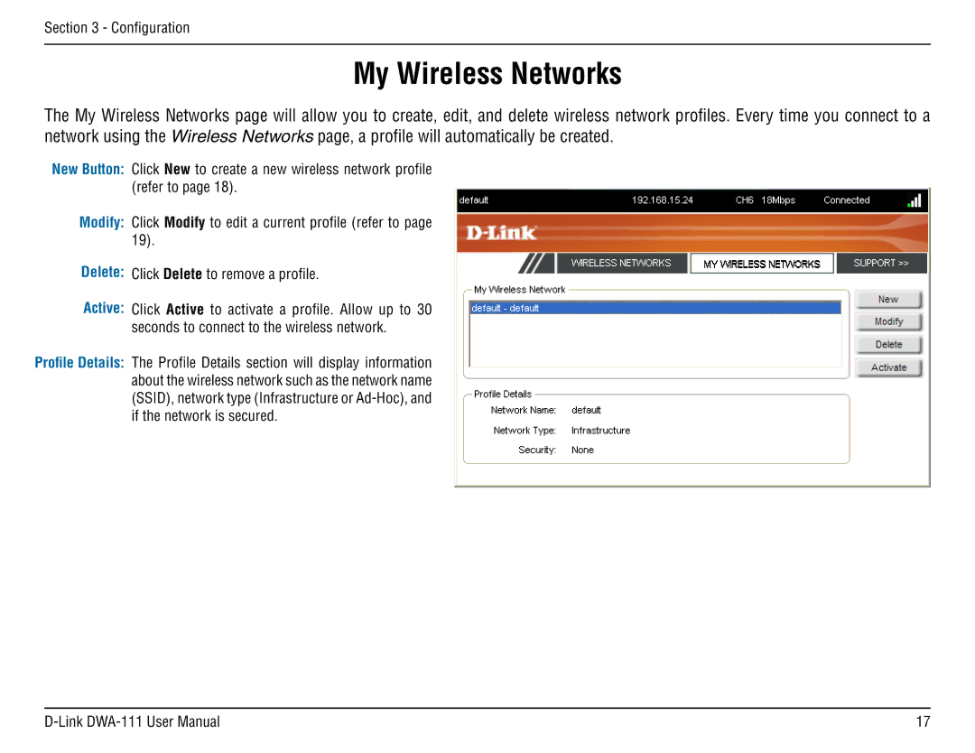 D-Link DWA-111 manual My Wireless Networks, New Button Modify Delete Active 