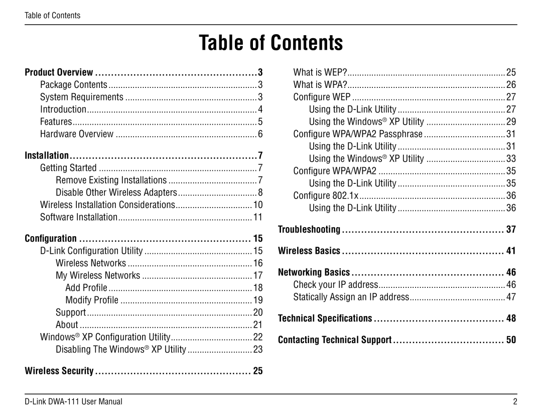 D-Link DWA-111 manual Table of Contents 