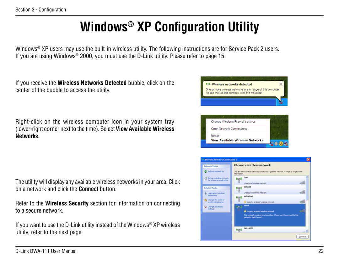 D-Link DWA-111 manual Windows XP Configuration Utility 