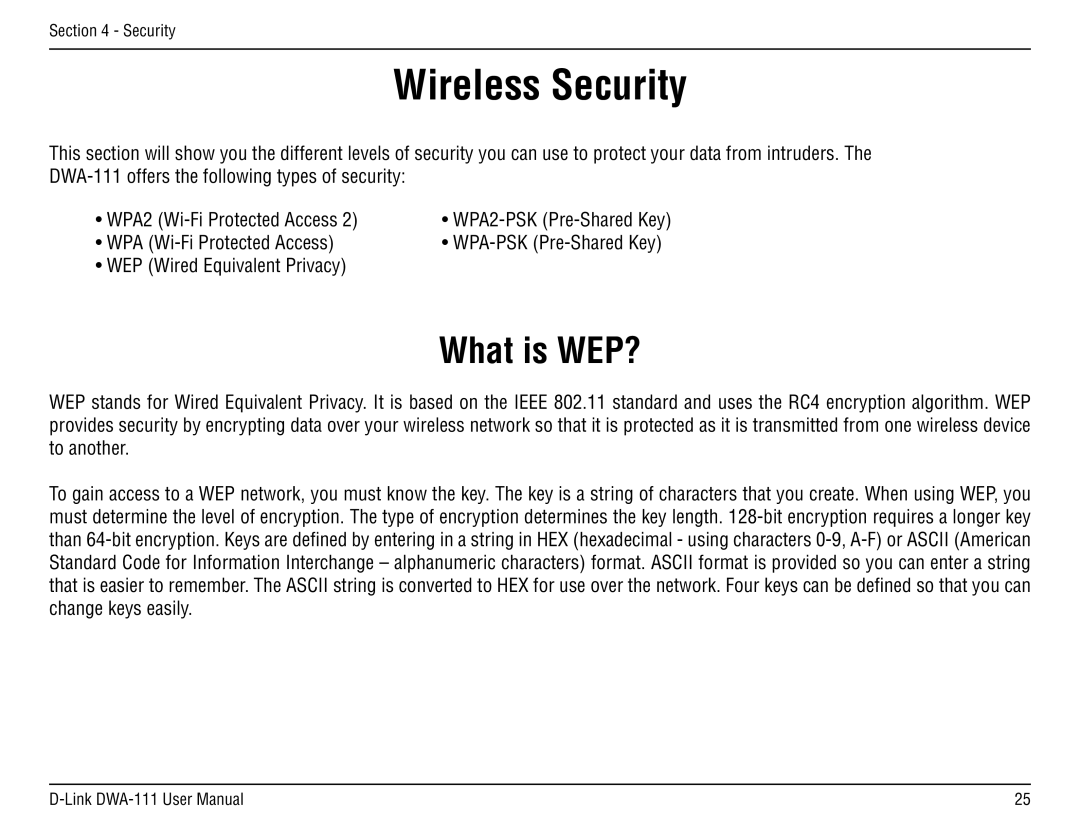 D-Link DWA-111 manual Wireless Security, What is WEP? 