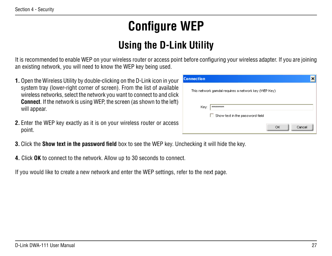 D-Link DWA-111 manual Configure WEP, Using the D-Link Utility 