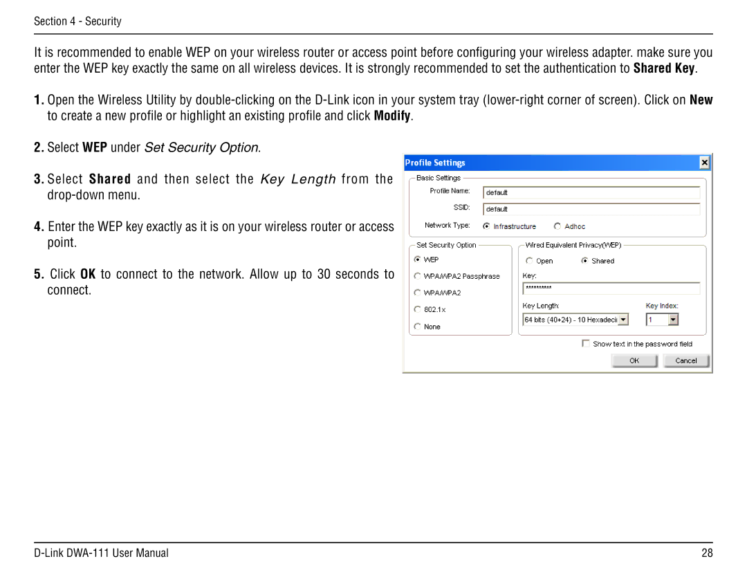 D-Link DWA-111 manual Select WEP under Set Security Option 