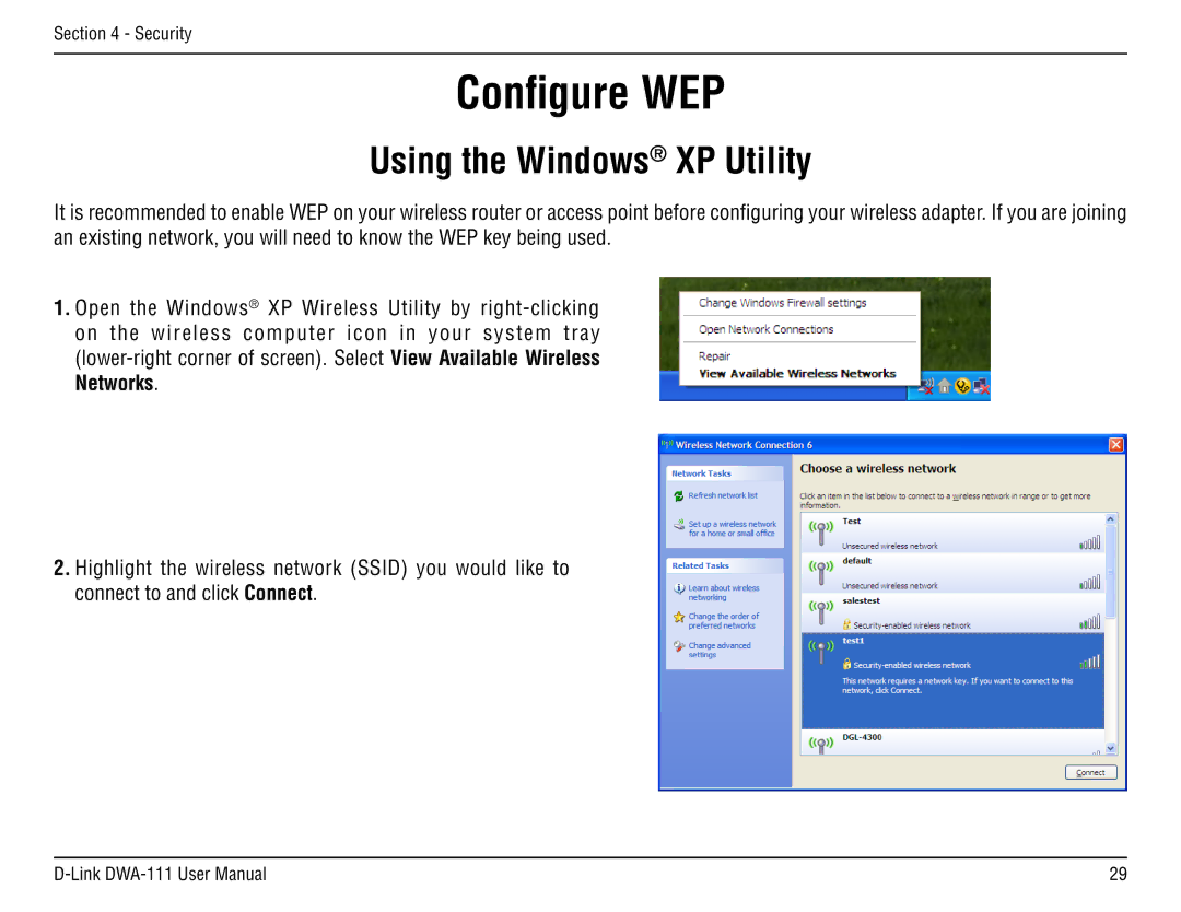 D-Link DWA-111 manual Using the Windows XP Utility 