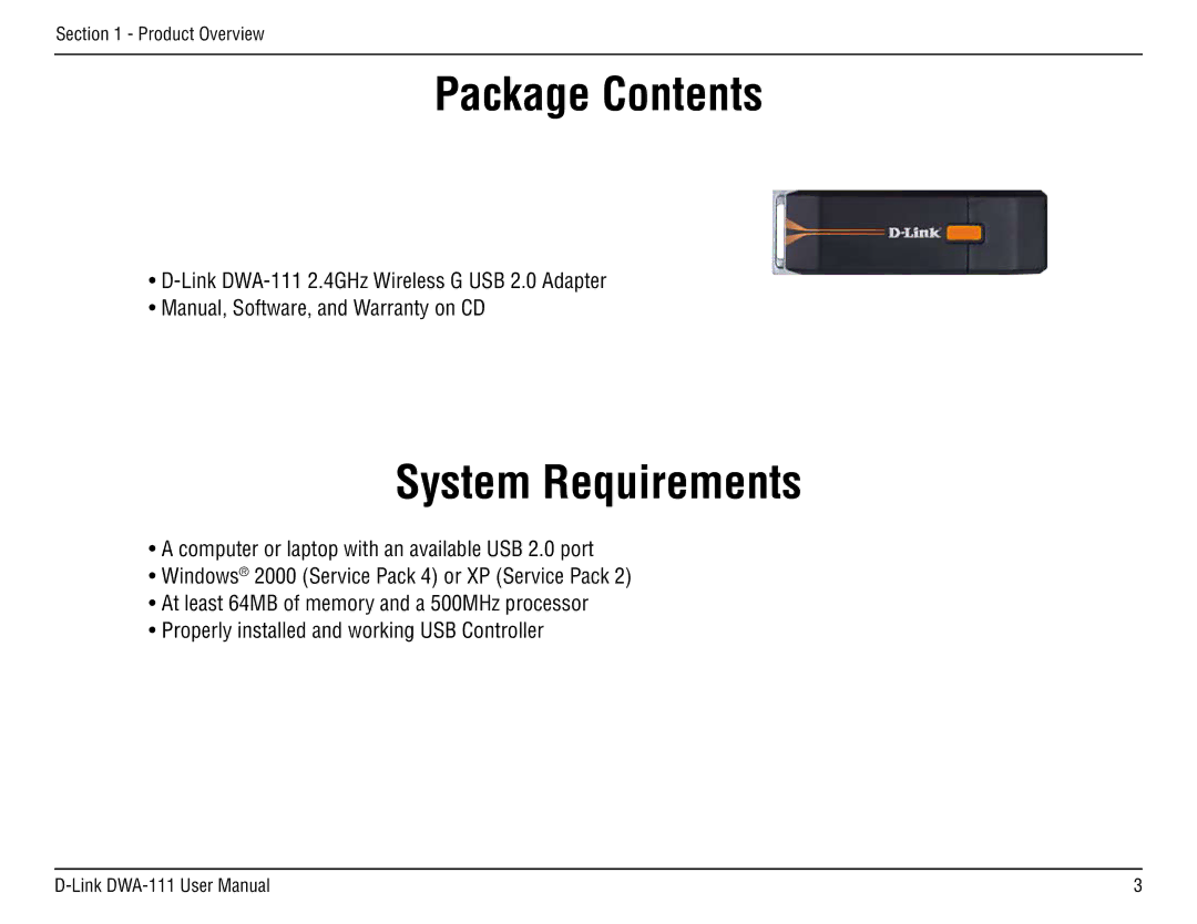 D-Link DWA-111 manual Package Contents, System Requirements 