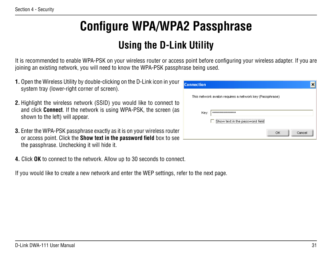 D-Link DWA-111 manual Configure WPA/WPA2 Passphrase, Using the D-Link Utility 