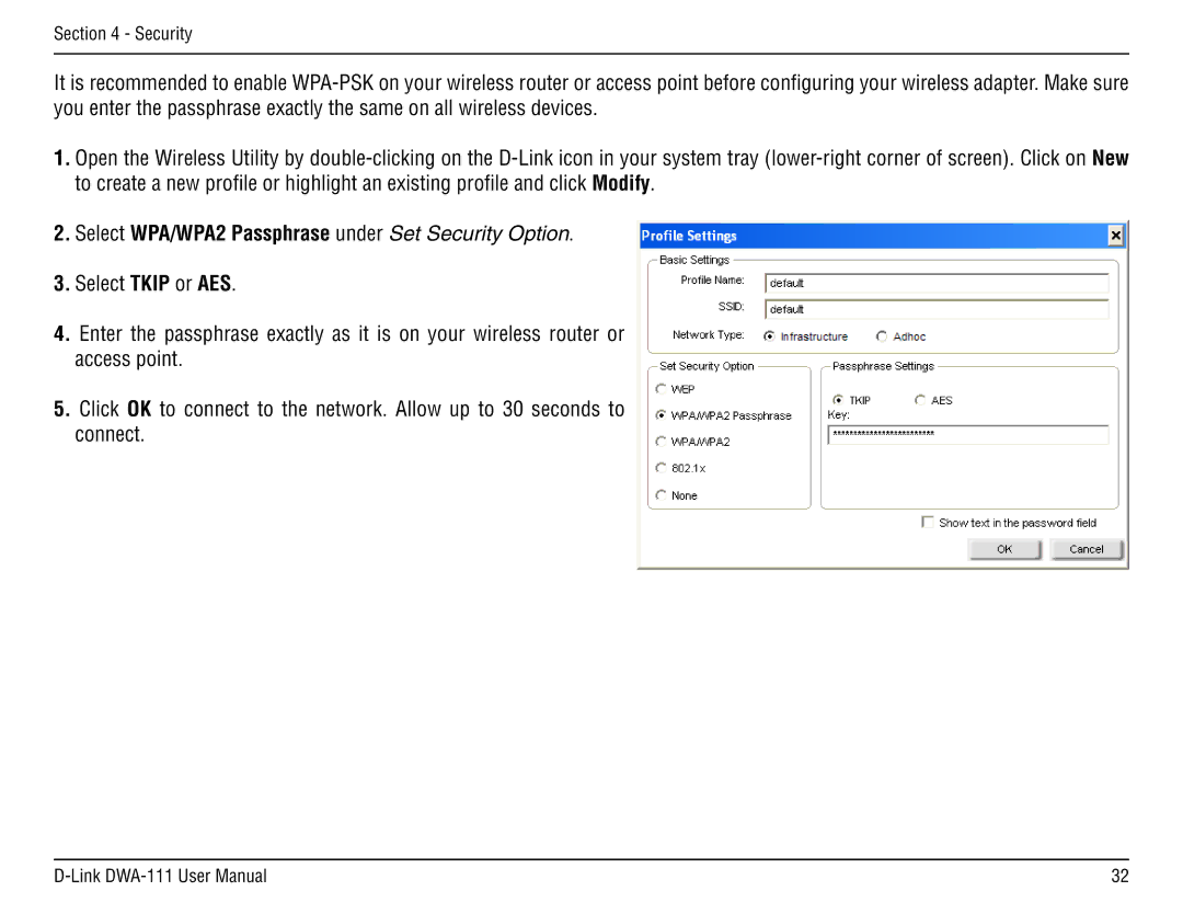 D-Link DWA-111 manual Select WPA/WPA2 Passphrase under Set Security Option 