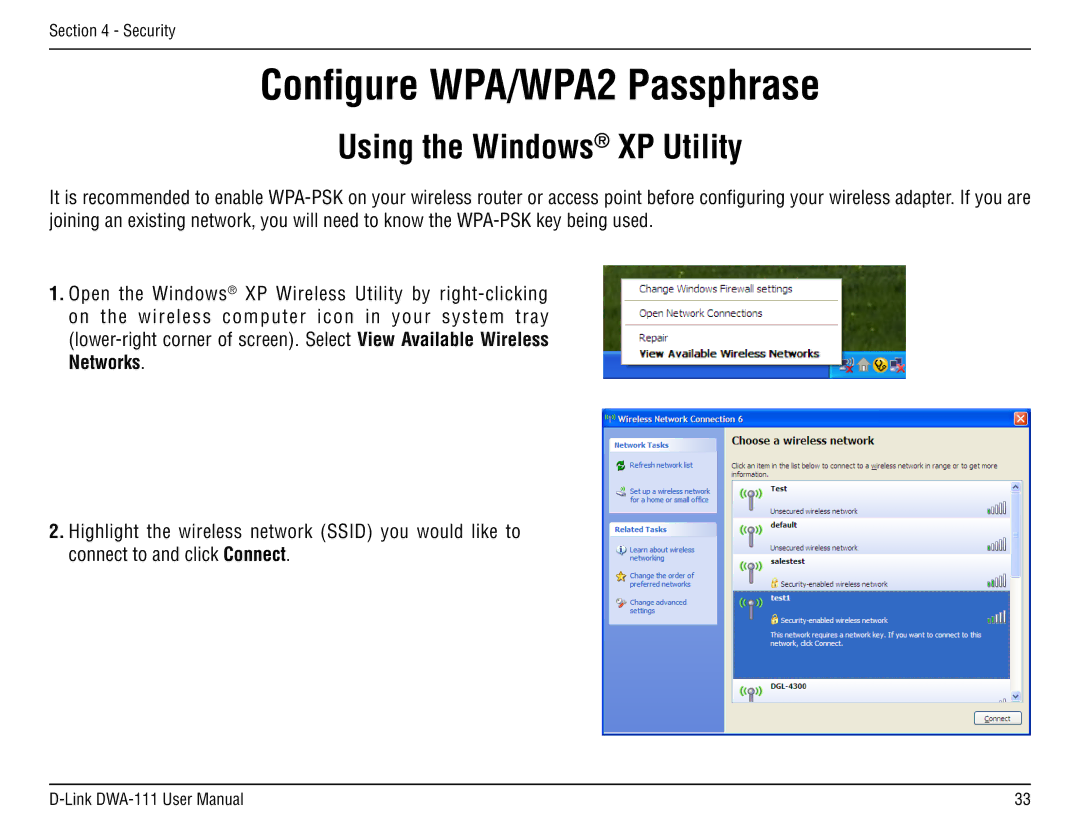 D-Link DWA-111 manual Using the Windows XP Utility 