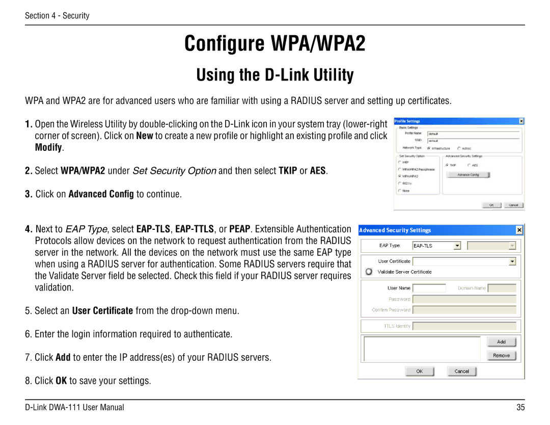 D-Link DWA-111 manual Configure WPA/WPA2, Using the D-Link Utility 