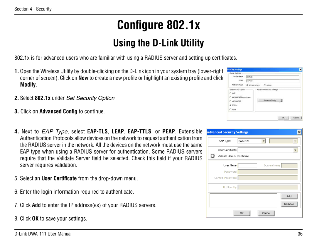 D-Link DWA-111 manual Configure, Select 802.1x under Set Security Option 