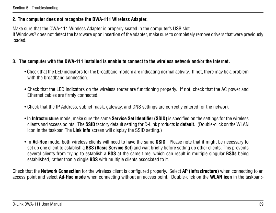 D-Link manual Computer does not recognize the DWA-111 Wireless Adapter 