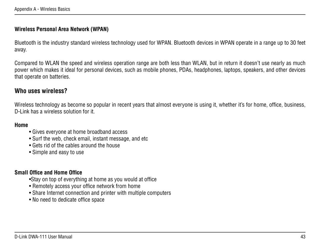 D-Link DWA-111 manual Wireless Personal Area Network Wpan, Small Office and Home Office 