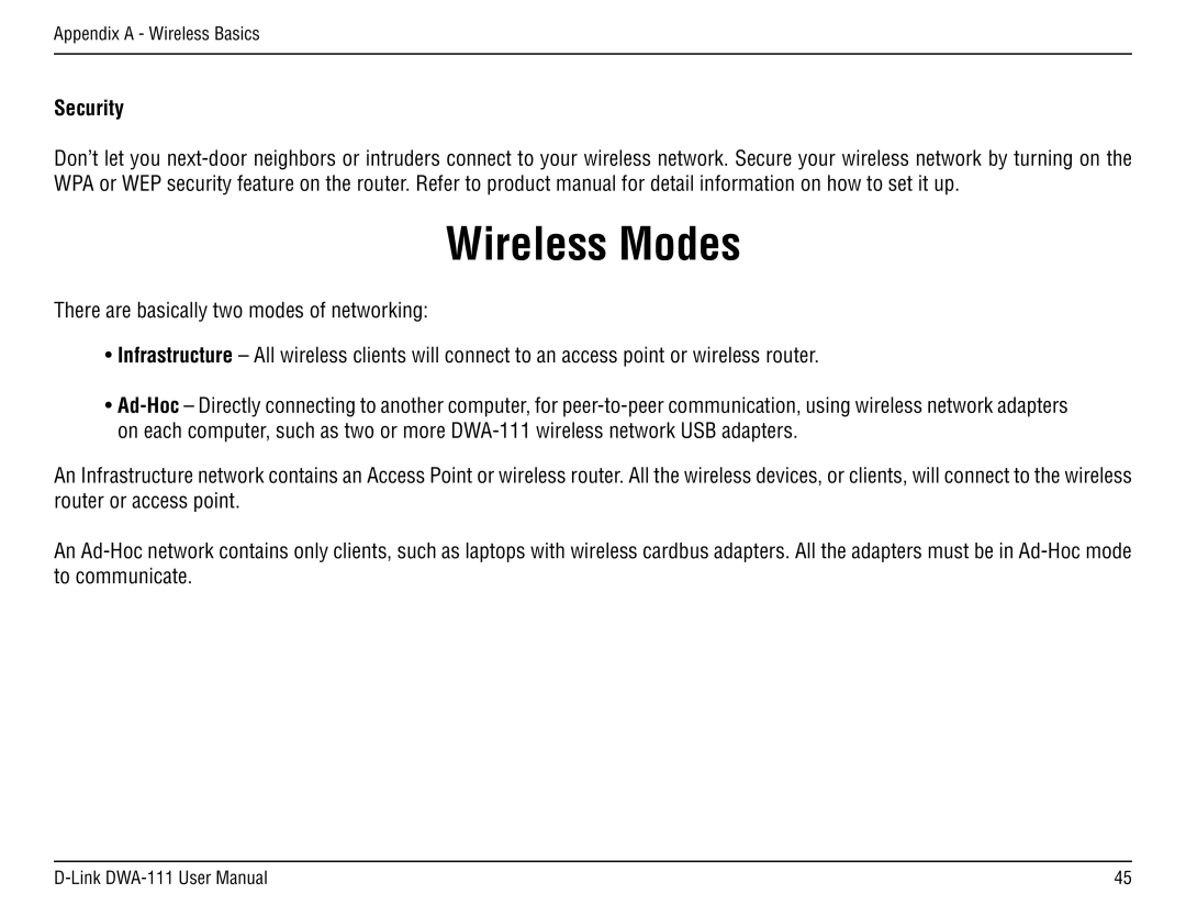 D-Link DWA-111 manual Wireless Modes, Security 