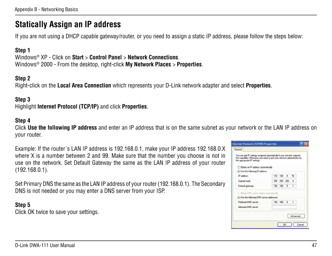 D-Link DWA-111 manual Step Highlight Internet Protocol TCP/IP and click Properties 